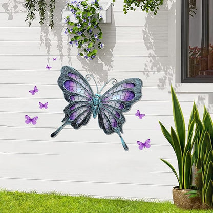 Hanging Purple Metal Butterfly Outdoor Decor Art, 11"×9.4" | Hanging glass & metal sculpture, indoor & outdoor decor, butterfly decoration for garden yard patio bathroom