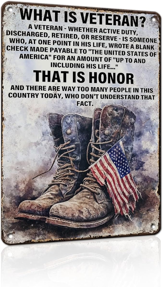 PEACHGARDEN Military Decor What Is a Veteran Patriotic Metal Sign, Military Wall Decor Veteran Metal Sign for Home Office Man Cave, Army Memorabilia 12 x 8 Inch