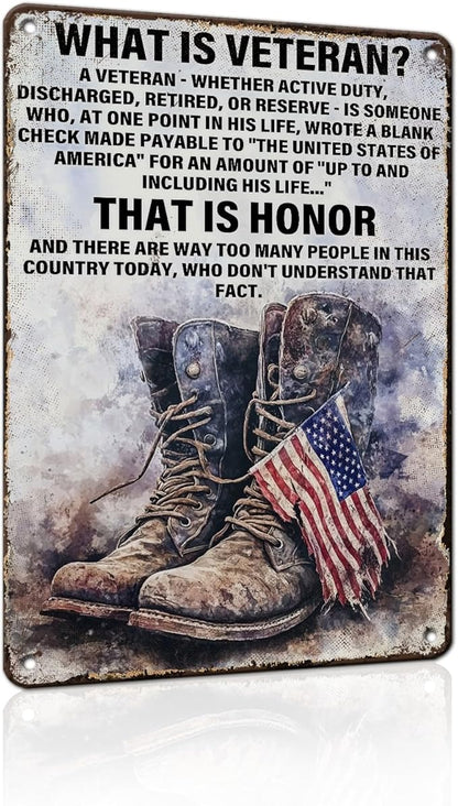 PEACHGARDEN Military Decor What Is a Veteran Patriotic Metal Sign, Military Wall Decor Veteran Metal Sign for Home Office Man Cave, Army Memorabilia 12 x 8 Inch