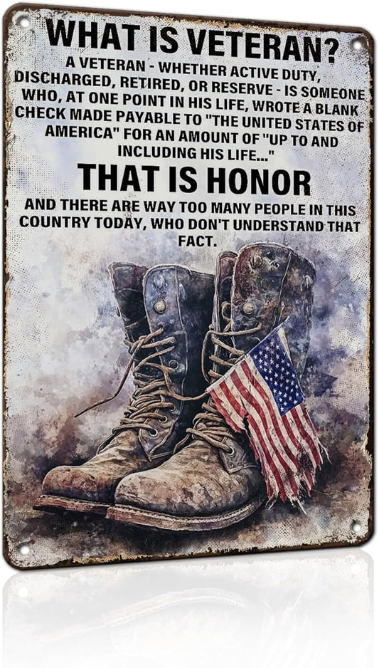 PEACHGARDEN Military Decor What Is a Veteran Patriotic Metal Sign, Military Wall Decor Veteran Metal Sign for Home Office Man Cave, Army Memorabilia 12 x 8 Inch