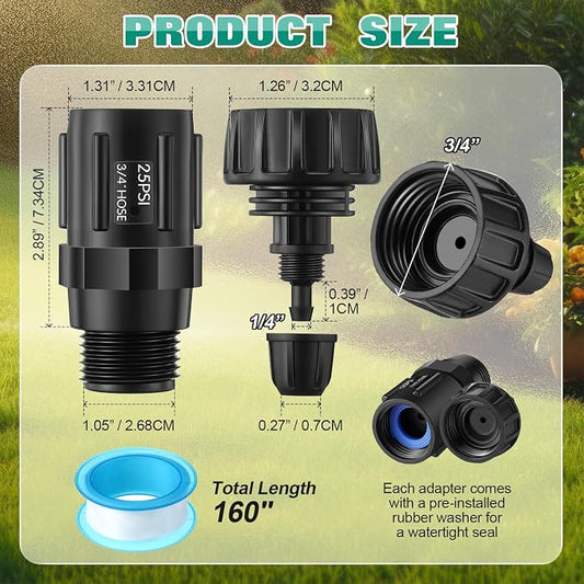 6 Set Drip Irrigation Faucet Adapter Kit, 25 PSI Garden Hose Pressure Regulator, 1/4'' Drip Irrigation Tubing to 3/4'' Faucet, Plumbing Tape
