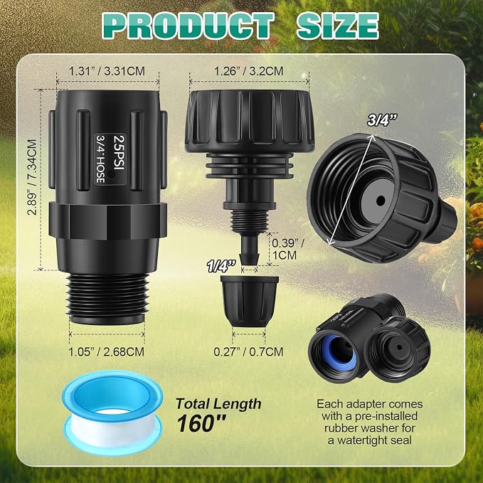 8 Set Drip Irrigation Faucet Adapter Kit, 25 PSI Garden Hose Pressure Regulator, 1/4'' Drip Irrigation Tubing to 3/4'' Faucet, Plumbing Tape