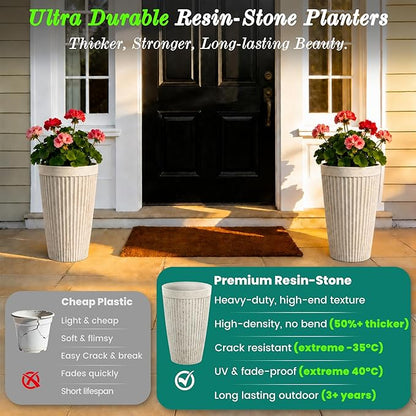 2-Pack 20" Vintage Ivory Resin Tall Planters with Fluted Texture | Set of 2 resin tall planters with fluted texture, drainage plugs, and UV-resistant finish for porch, patio, or garden.