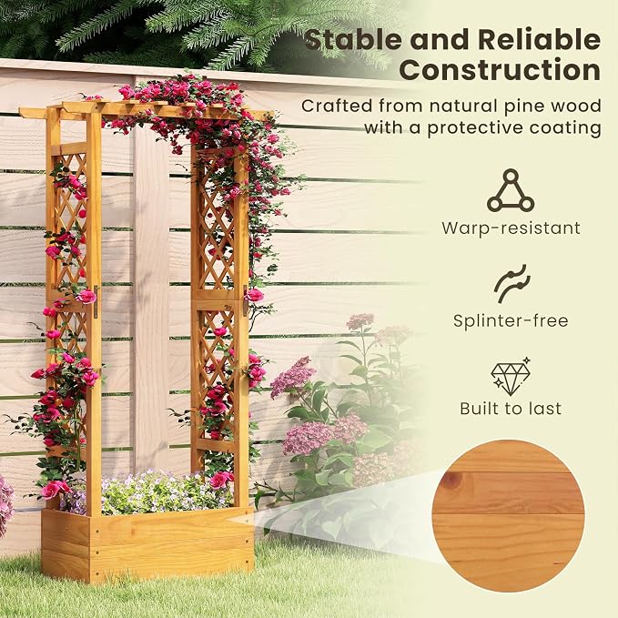 S AFSTAR Wooden Raised Garden Bed with Trellis, 60" Elevated Planter Box with Hanging Roof & Open-Ended Base for Climbing Vine Flower Herb Vegetable, Outdoor Plant Container for Patio & Yard