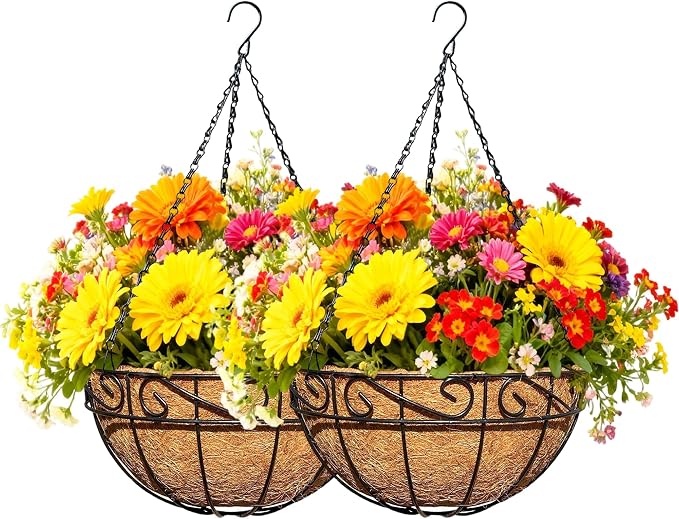 2 Pack 12 Inch Black Metal Hanging Basket Hanging Planter with Coco Coir Liner Heavy Duty Hanging Flower Pot Holder for Indoor Outdoor Patio Garden Porch Balcony Decor (Lace)