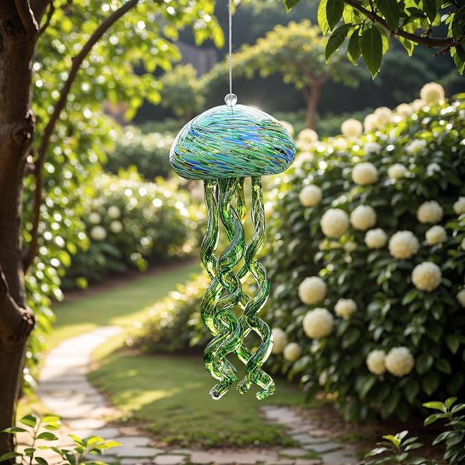 Sea Blown Glass Wind Chimes for Outside Jellyfish Ocean Wind Chimes 10 Inch | Ocean Beach Themed Crystal Wind Chime Gift Sea Glass Wind Chimes Hanging Decor for Patio, Window & Garden