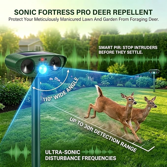 2 Pack Ultrasonic Deer Repellent Device with Motion Sensor for Plant Garden Solar Animal Repellent Outdoor to Keep Cat Rabbit Raccoon Out of Yard Farm Squirrel Fortress Pro Deer Deterrent