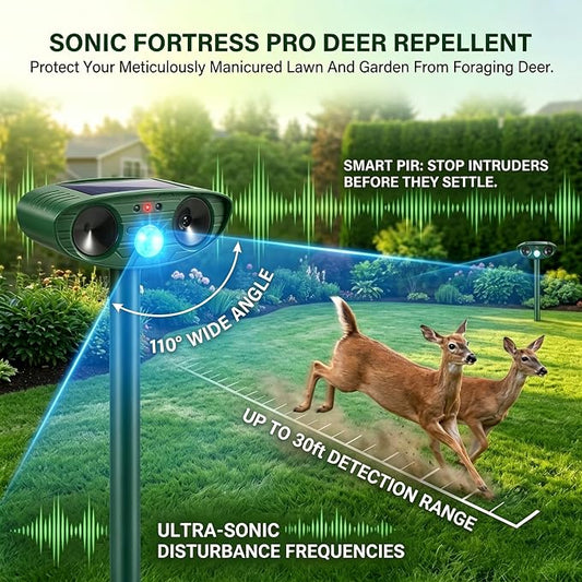 2 Pack Ultrasonic Deer Repellent Device with Motion Sensor for Plant Garden Solar Animal Repellent Outdoor to Keep Cat Rabbit Raccoon Out of Yard Farm Squirrel Fortress Pro Deer Deterrent