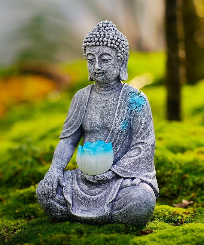 Nacome Solar Buddha Garden Statue Decor: Sitting Resin Figurine with Lotus Flower Light Zen Sculpture for Patio Lawn Yard Porch Balcony Meditation Space - 8.3 inches(Grey)