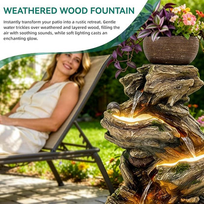 33" Rustic Tree Trunk Outdoor Water Fountain with Planters, Handcrafted 5-Tier Cascading Water Feature with Moss & LED Lights, Relaxing Tranquil Decor for Garden Yard Patio Porch