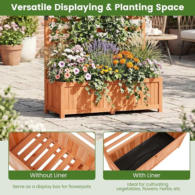 HAPPYGRILL Raised Garden Bed with Trellis, 59" Tall Wooden Elevated Planter Box w/Liner, Drainage, Detachable Base Panel for Climbing Plant Vine Flower, Outdoor Planter w/Trellis for Patio (1)