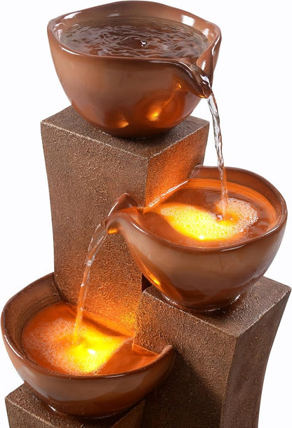 Teamson Home 28.54 in. 3-Tier Cascading Outdoor Water Fountain, Brown | LED Lights, For Gardens, For Landscaping, For Patios, For Balconies