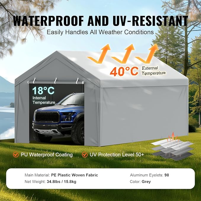 VEVOR Carport Replacement Canopy Cover Top + Side Wall 12 x 20 ft, Garage Tent Shelter Tarp Heavy-Duty Waterproof & UV Protected, Easy Installation with Ball Bungees,Grey (Frame Not Included)