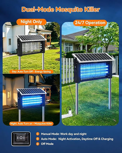 20W Solar Bug Zapper Outdoor, LANGY Upgrade 3-Tube 365nm Solar Mosquito Zapper Outdoor Waterproof, 4500V Electric Cordless Fly Insect Zapper Mosquitos Trap Auto On/Off w 10Ah Battery for Patio Camping