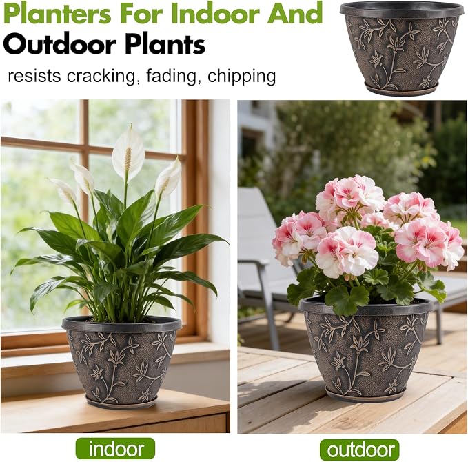 Nooulap 10 Inch Flower Pots Outdoor, Plastic Planters 4 Pack | Drainage & Trays, Indoor Outdoor, Medium Plants Pot, Home Balcony Garden Decor, Brown Vintage Flower Pattern