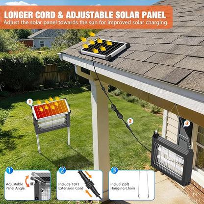 Solar Bug Zapper Outdoor Waterproof, Rechargeable Mosquito Zapper with Solar Panel Sensor, Auto ON/Off, 10ft Extension Cord & Solar Powered Bug Zapper, Cordless Insect Zap for Patio Yard Garden
