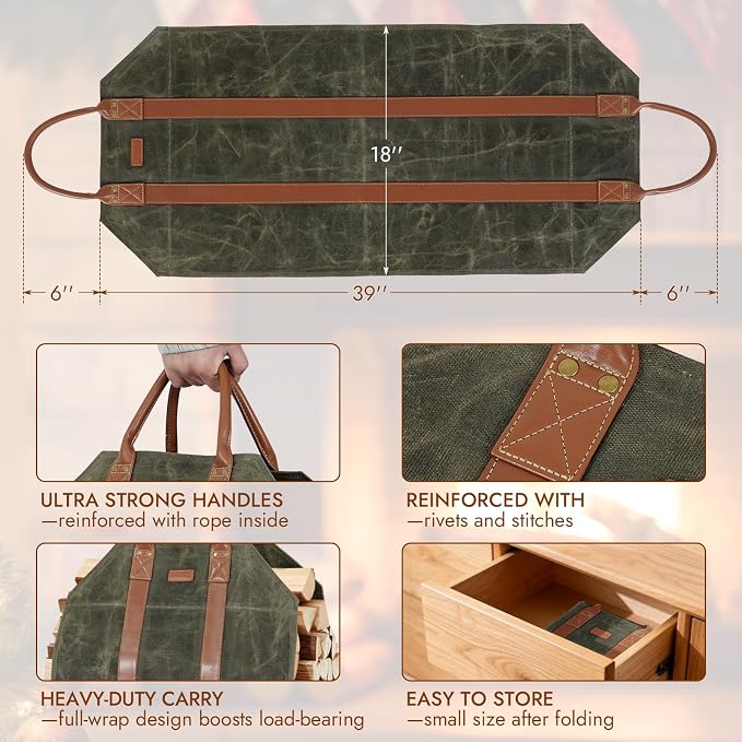 INNO STAGE Canvas Log Carrier Bag,Durable Wood Tote,Fireplace Stove Accessories,Extra Large Firewood Holder with Handles for Camping (39" L x 18" W-Green)