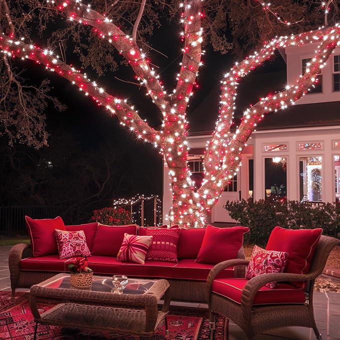 JMEXSUSS 2 Pack Solar Christmas Lights, Total 400 LED 151FT, Red and White | Christmas Lights Outdoor Waterproof, 8 Modes Solar String Lights for Outside Patio Yard Garden Tree Christmas Decorations