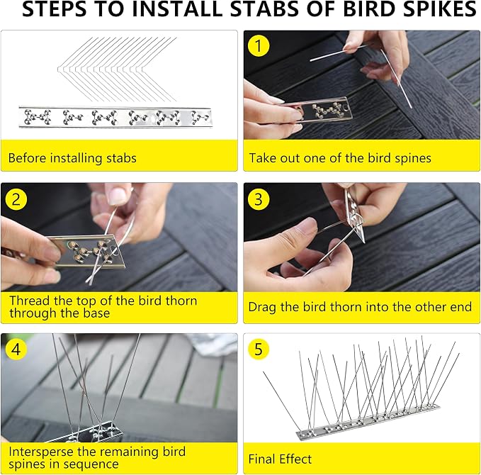 Bird Spikes,12Pcs,Stainless Steel Spikes with Base,Keep Woodpeckers Pigeon Raccoons Away,Anti Climb Spikes for Graden Patio Fence,9.84Ft