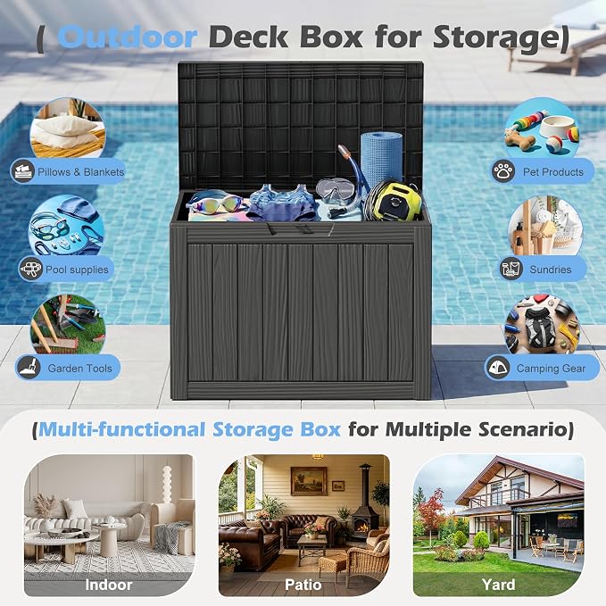 Outdoor Storage Box, 50 Gallon Resin Deck Boxes Outdoor Waterproof For Patio Furniture, Garden Tools, Pool Supplies, Lockable And UV Resistant (Striped Black)