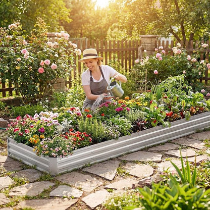 NEWBULIG Galvanized Raised Garden Bed Outdoor, 12x4x1ft Metal Planter Box for Gardening, Rust-Resistant Rectangular Raised Flower Bed for Vegetables Flowers Herbs, Open Bottom, Easy Assembly