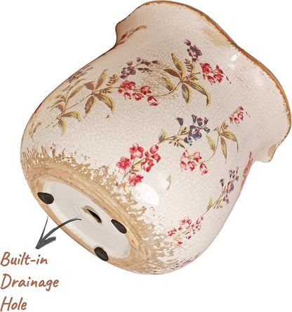 6.11" French Farmhouse Ceramic Flower Pot for Indoor & Outdoor Plants | Vintage Floral Ceramic Planter & Utensil Holder, Decor for Kitchen Counter & Garden, Ideal Housewarming Gift for Home Lovers