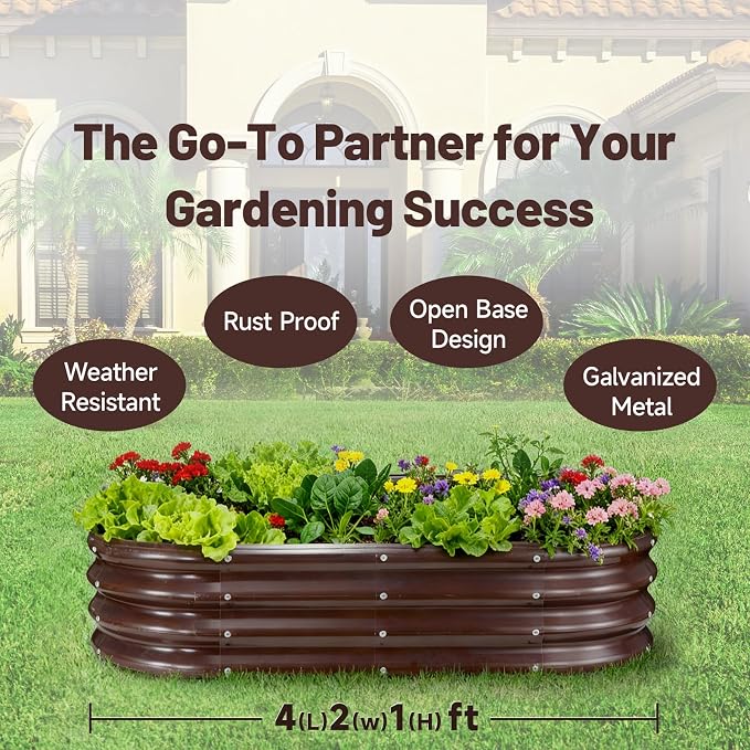 GOOZOO 2PC Galvanized Planter Raised Garden Bed, 4x2x1ft Brown | For vegetables, flowers, herbs, fruits. Oval metal box. Easy assembly. Rust-resistant galvanized steel.Outdoor use. 1ft depth