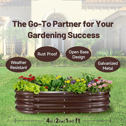 GOOZOO 2PC Galvanized Planter Raised Garden Bed, 4x2x1ft Brown | For vegetables, flowers, herbs, fruits. Oval metal box. Easy assembly. Rust-resistant galvanized steel.Outdoor use. 1ft depth