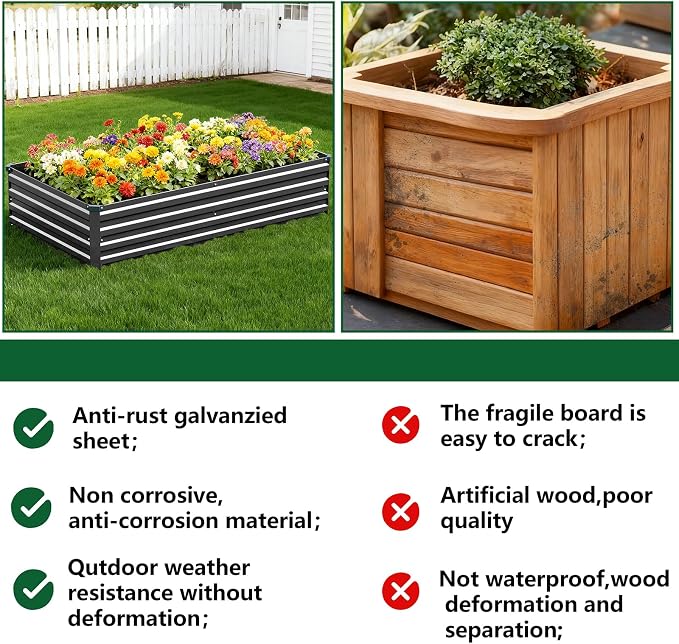 Vengarus 2PCS 8x4x1ft Galvanized Raised Garden Beds Kit,Planter Box Black | Galvanized Steel, Rectangular Metal Planter Raised Beds, Vegetables, Herbs, Flowers, Easy Assembly, Rustproof Safe Backyard
