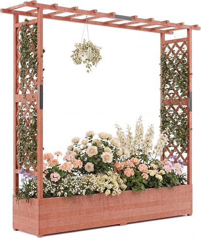 Patikuin 72" Elevated Wooden Raised Garden Bed with Trellis & Canopy, Freestanding Planter Box with Side Supports & Drainage Holes, Large Vertical Planter for Climbing Plants, Vines, Flowers, Patio