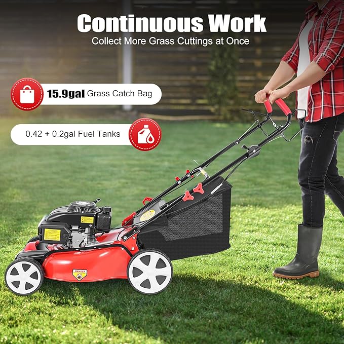 20-Inch Self-Propelled Gas Push Lawn Mower, 140cc 4-Stroke Engine 2800rpm Walk-Behind Gas Lawn Mower with Bagger 8-Position Lever Height Adjustment for Garden and Yard