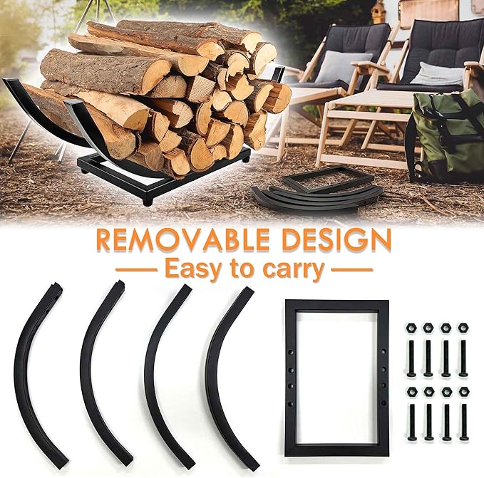 Curved Firewood Rack Holder Outdoor: 30 Inch Heavy-Duty Firewood Rack, Indoor/Outdoor Fireplace Log Holder - Rust-Resistant, Portable & Tool-Free Assembly