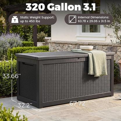 Outdoor Storage Box, 320 Gallon Waterproof Deck Box [Upgraded 3.1], Giant Resin Storage for King Cushions, Lockable Bench Chest, Estate Yard Garden BBQ Gathering, Black