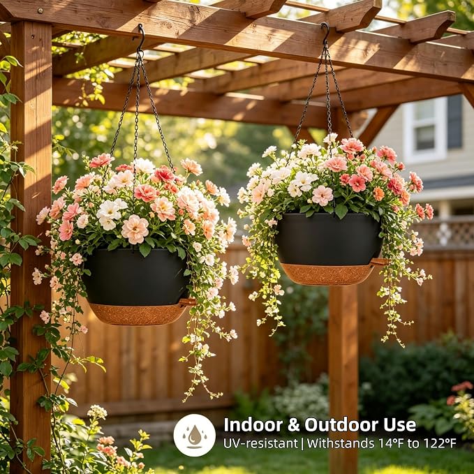 12" Self Watering Hanging Planters with Chains, Black Brown，2 Pack | 43 Oz removable self-watering reservoir, for indoor/outdoor plants, patio & garden