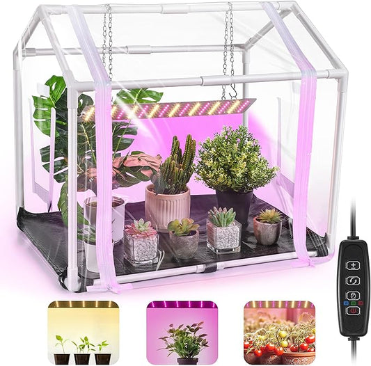 Meonum Mini Greenhouse with Grow Light, 23.6" L x 15.7" W x 19.6" H Portable Greenhouse with Waterproof Bottom Mat, Timer, 3 Light Color Mode for Indoor Outdoor Seed Starter Tray (Mini House Shape)
