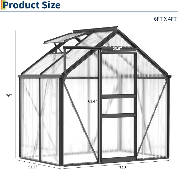 6X8x6 FT Greenhouse for Outdoors,Polycarbonate Walk-in Greenhouse Large Heavy Duty Outdoor Aluminum Green Houses with Sliding Doors Vent Window for Outside Backyard