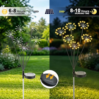 Solar Garden Lights Outdoor, 2 Pack New Upgraded Solar Swaying Starburst Light, Waterproof Fireworks Solar Lights, Yard Patio Pathway Decoration, Warm White