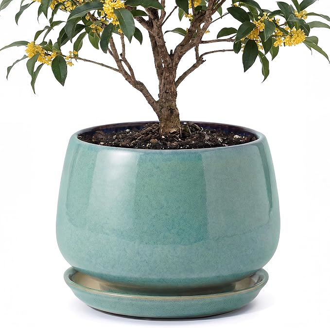 10.3 Inch Ceramic Planter with Saucer,Modern Garden Pots with Drainage Hole Mesh Net, for Indoor Outdoor Use (Blue-Green)