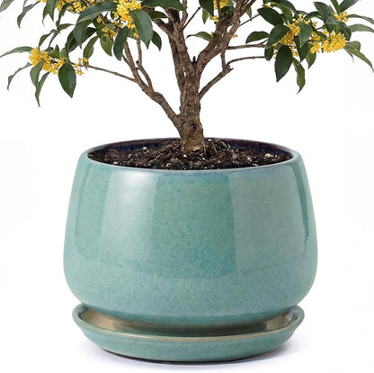 10.3 Inch Ceramic Planter with Saucer,Modern Garden Pots with Drainage Hole Mesh Net, for Indoor Outdoor Use (Blue-Green)