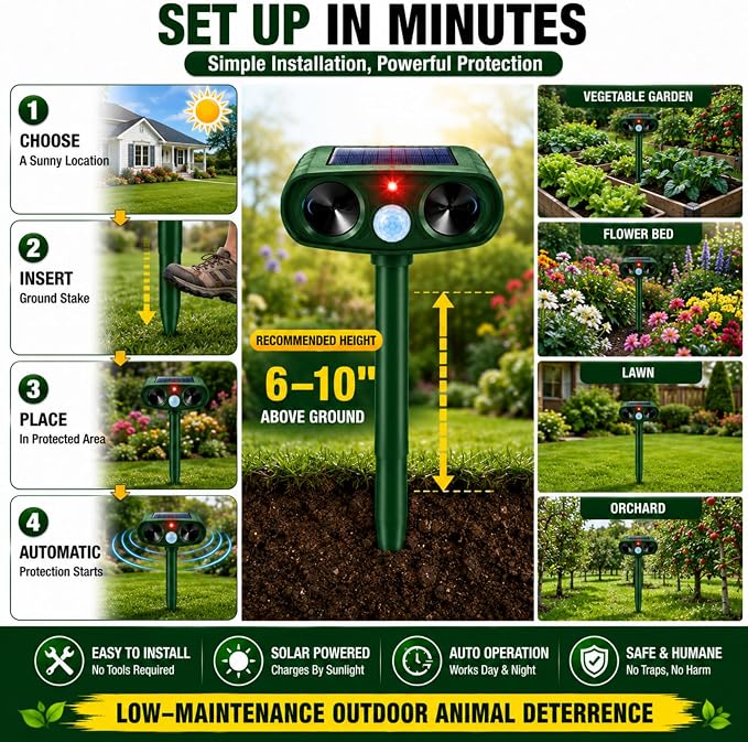 2 Pcs Upgraded Deer Repellent Devices,Solar Animal Repellent Ultrasonic Outdoor for Cats Squirrels Racoons Rabbits Foxs Dogs Skunks,IP65 Waterproof Motion Sensor Animal Repeller Deterrent for Garden