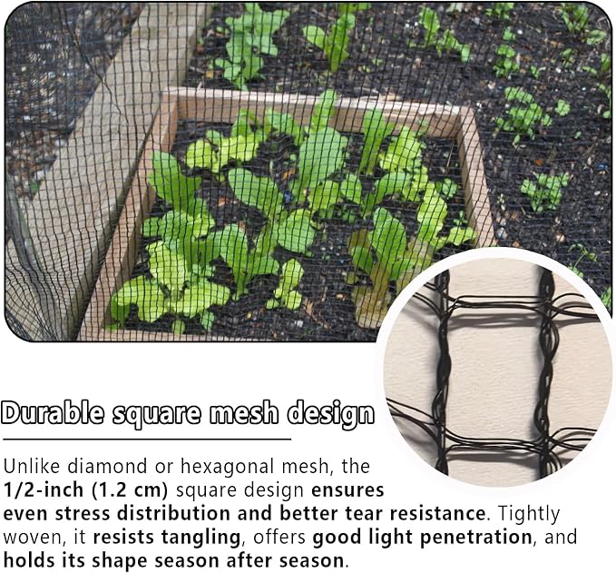 POYEE 15x40ft Bird Netting, 1/2-inch Square Mesh Garden Netting | Animal Barrier for Vegetables, Fruit Trees, Blueberry Bushes, Strawberries – Protects against Deer, Chickens, Squirrels
