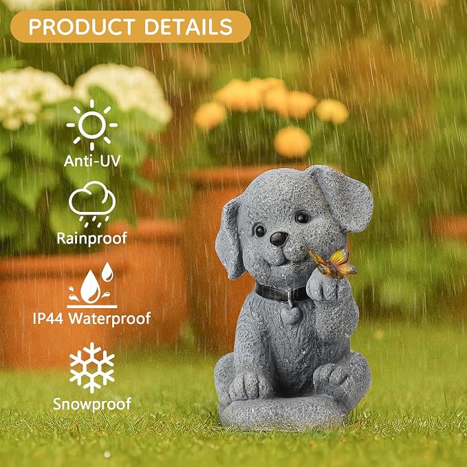Solar Dog Statue with Butterfly, Outdoor Garden Decor with LED Light for Patio, Lawn Ornament for Courtyard, Valentine's Day Birthday Gift for Women Mom Grandma
