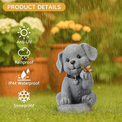 Solar Dog Statue with Butterfly, Outdoor Garden Decor with LED Light for Patio, Lawn Ornament for Courtyard, Valentine's Day Birthday Gift for Women Mom Grandma