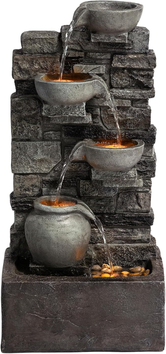 Teamson Home 28.5" Outdoor 4-Tier Stacked Stone Cascading Water Fountain with LED Lights, Gray | LED Lights, Faux Stacked Stone Look, Weather-Resistant Polyresin, Waterfall Decor for Garden, Patio, Backyard