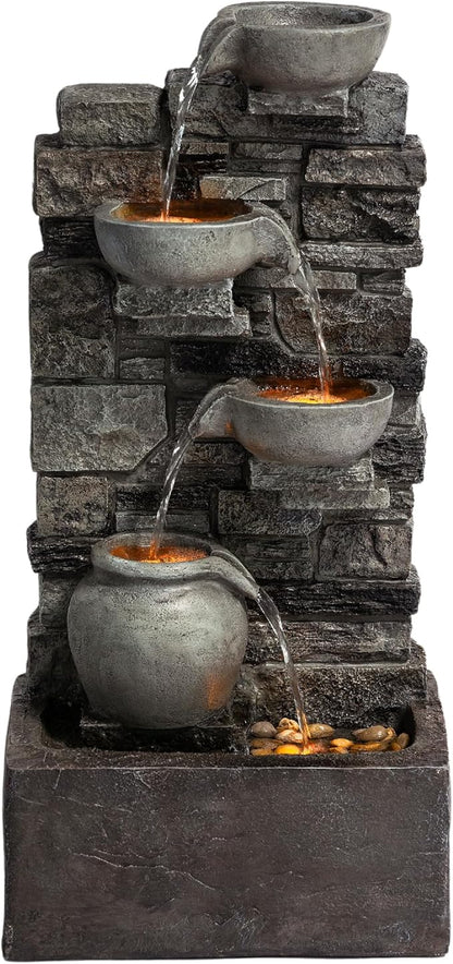 Teamson Home 28.5" Outdoor 4-Tier Stacked Stone Cascading Water Fountain with LED Lights, Gray | LED Lights, Faux Stacked Stone Look, Weather-Resistant Polyresin, Waterfall Decor for Garden, Patio, Backyard
