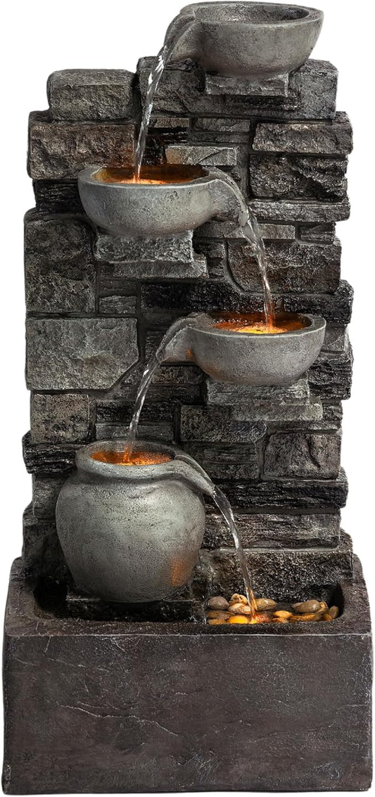 Teamson Home 28.5" Outdoor 4-Tier Stacked Stone Cascading Water Fountain with LED Lights, Gray | LED Lights, Faux Stacked Stone Look, Weather-Resistant Polyresin, Waterfall Decor for Garden, Patio, Backyard