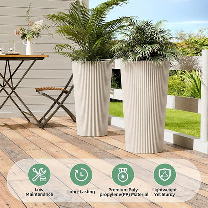 24" H Tall Planters for Outdoor Plants, 2 Pack Large Outdoor Planters for Front Porch Decor with Drainage Hole, Plastic Striped Flower Pots Fits Indoor Plants Patio Garden, Black