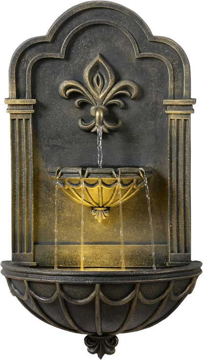Teamson Home Fleur-de-lis Outdoor Water Fountain, Black & Gold | Warm Glow Lighting, Adjustable Flow, Electric Pump