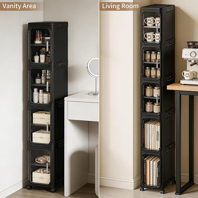 LXLXXL 4-Tier Narrow Storage Cabinet Slim Bathroom Storage Cabinet with Movable Wheels Tall Bathroom Organizer Skinny Cabinet for Small Spaces，Black