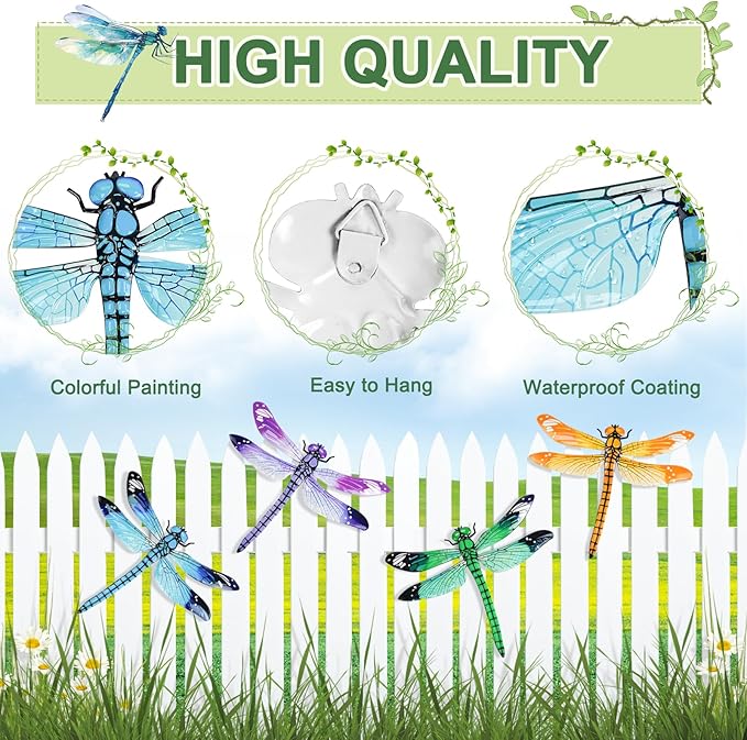 ULENDIS 4 Pack Large Metal Dragonfly Wall Decor, 11.7"x 13.9" 3D Colorful Outdoor Garden Fence Wall Art Decor, Wall Hanging Decorations for Yard Patio Living Room, Gift for Family Kids Friends